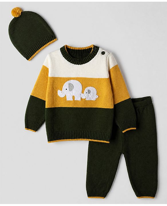 Babyhug Knit Full Sleeves Sweater Set With Elephant Applique - Mustard