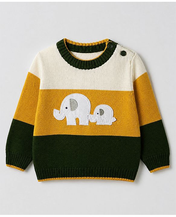 Babyhug Knit Full Sleeves Sweater Set With Elephant Applique - Mustard
