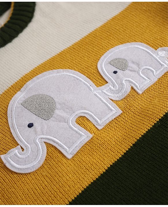 Babyhug Knit Full Sleeves Sweater Set With Elephant Applique - Mustard