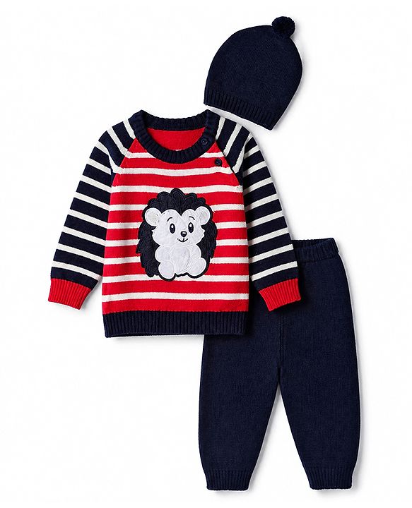 Babyhug Knit Full Sleeves Sweater Set With Hedgehog Detailing & Cap - Red