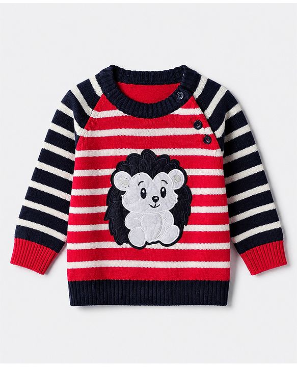 Babyhug Knit Full Sleeves Sweater Set With Hedgehog Detailing & Cap - Red