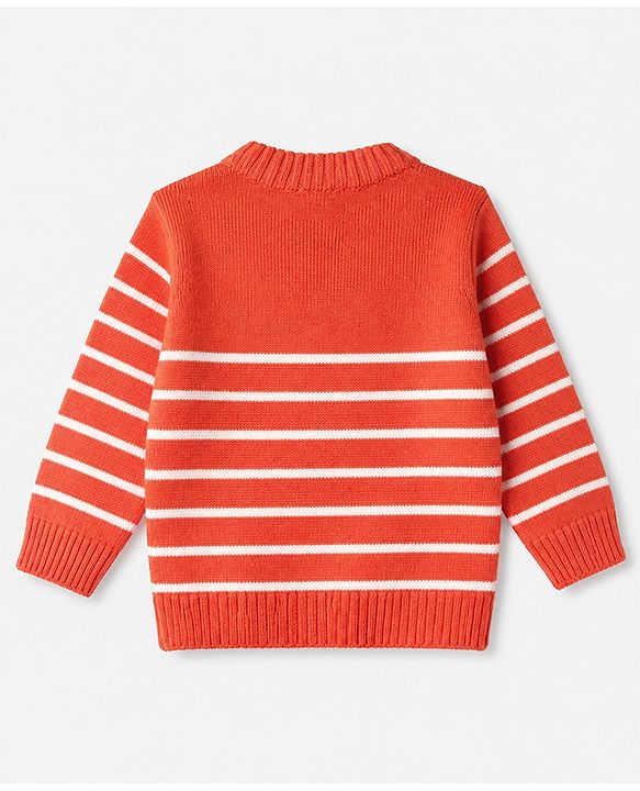 Babyhug Knit Sweater Set and Cap with Full Sleeves and Cat Applique in Orange for 3-6 Months