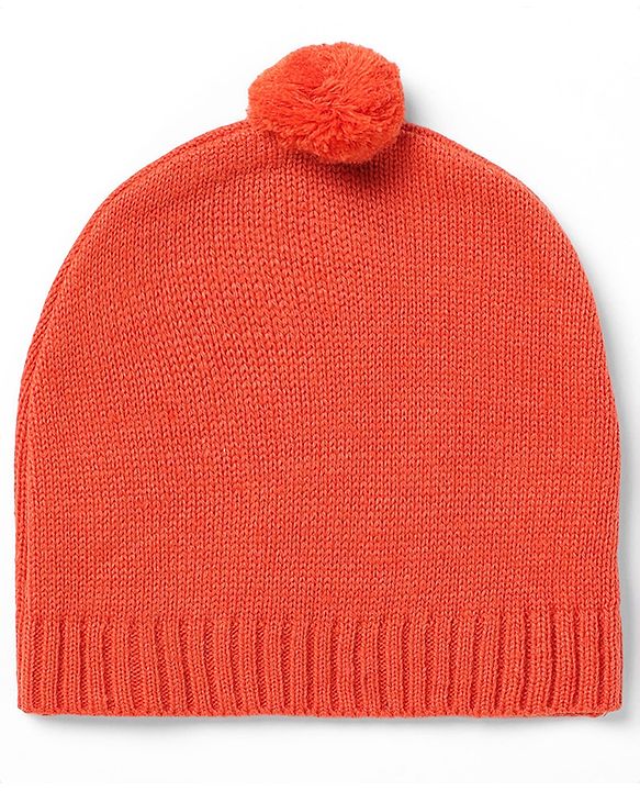 Babyhug Knit Sweater Set and Cap with Full Sleeves and Cat Applique in Orange for 3-6 Months