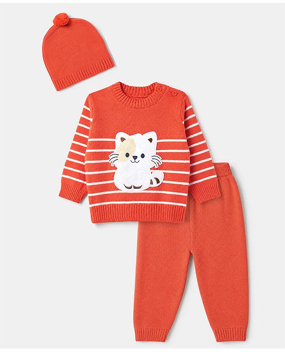 Babyhug Knit Sweater Set and Cap with Full Sleeves and Cat Applique in Orange for 3-6 Months