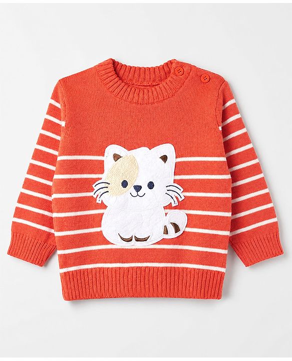 Babyhug Knit Sweater Set and Cap with Full Sleeves and Cat Applique in Orange for 3-6 Months