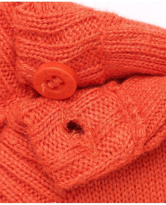 Babyhug Knit Sweater Set and Cap with Full Sleeves and Cat Applique in Orange for 3-6 Months