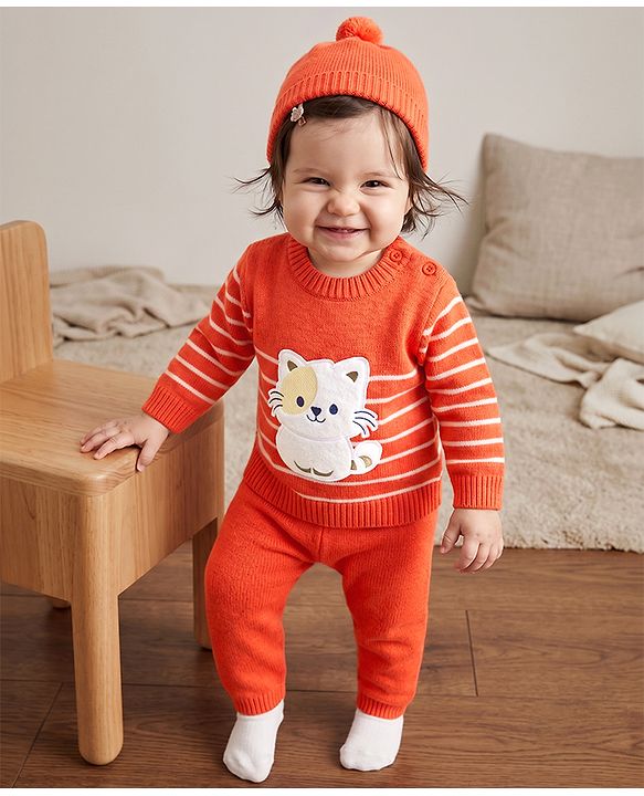 Babyhug Knit Sweater Set and Cap with Full Sleeves and Cat Applique in Orange for 3-6 Months