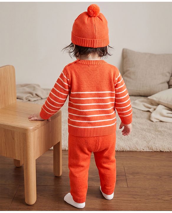Babyhug Knit Sweater Set and Cap with Full Sleeves and Cat Applique in Orange for 3-6 Months