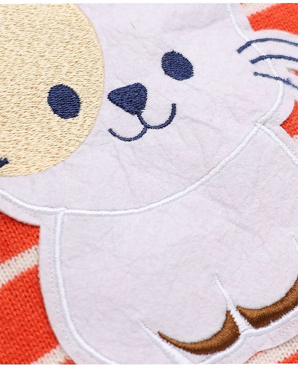 Babyhug Knit Sweater Set and Cap with Full Sleeves and Cat Applique in Orange for 3-6 Months
