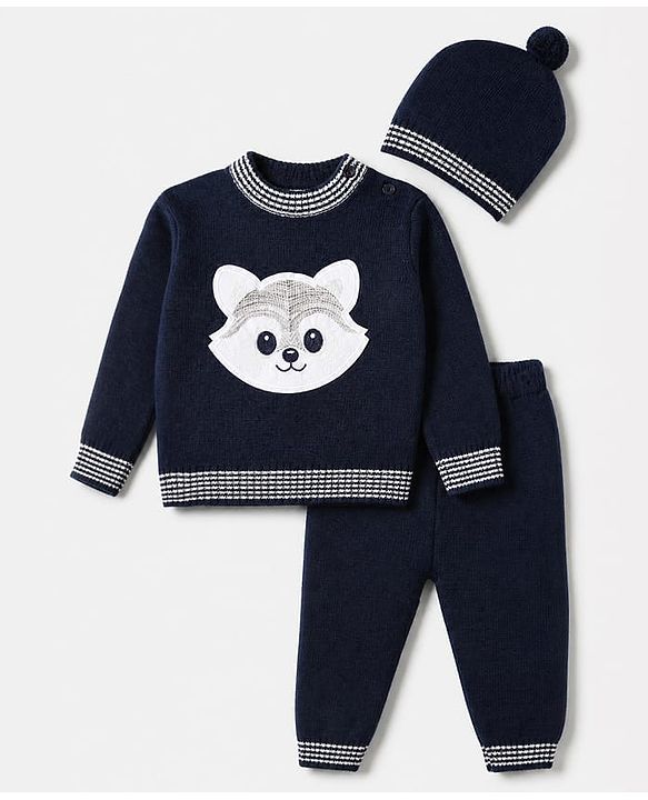 Babyhug Knit Full Sleeves Sweater Set With Raccoon Detailing & Cap - Navy Blue