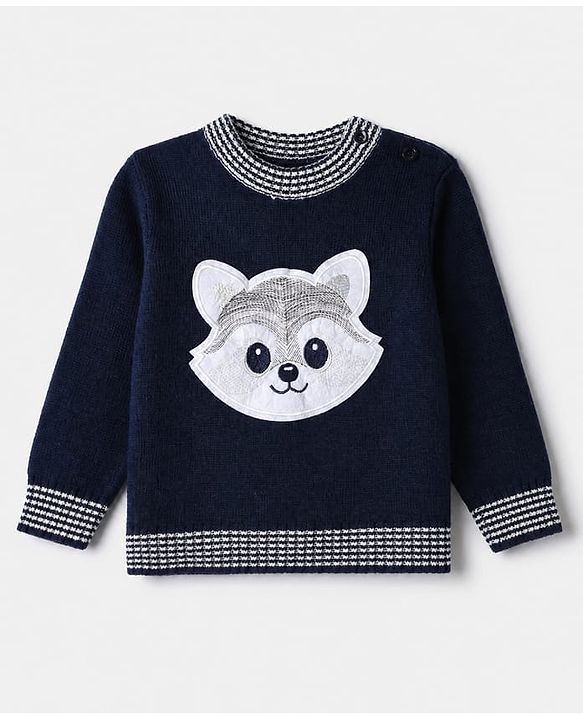 Babyhug Knit Full Sleeves Sweater Set With Raccoon Detailing & Cap - Navy Blue