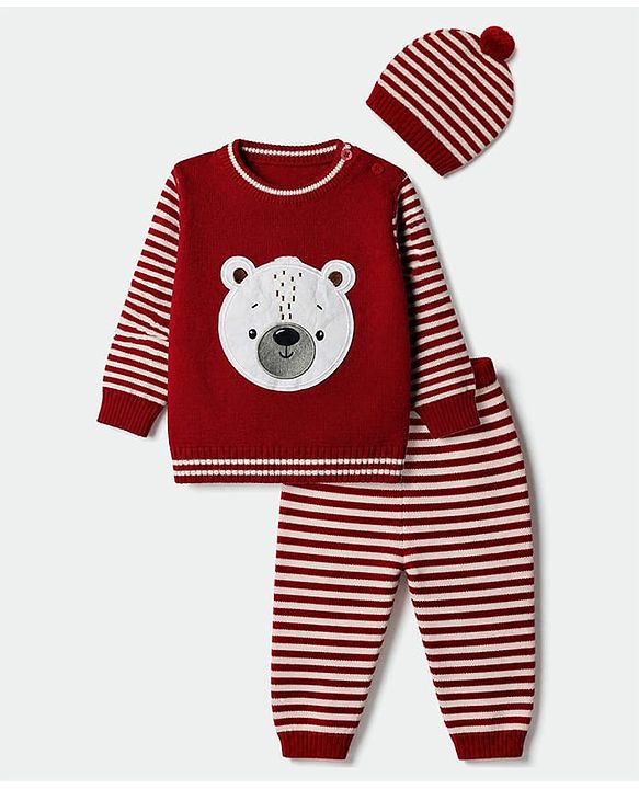 Babyhug Knit Sweater Set and Cap with Full Sleeves and Bear Detailing - Red