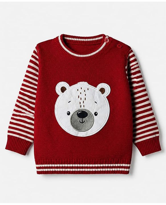 Babyhug Knit Sweater Set and Cap with Full Sleeves and Bear Detailing - Red