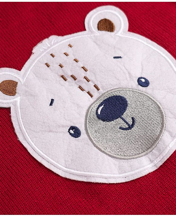 Babyhug Knit Sweater Set and Cap with Full Sleeves and Bear Detailing - Red