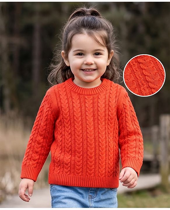 Babyhug Knit Full Sleeves Cable Knit Pullover - Rust Orange