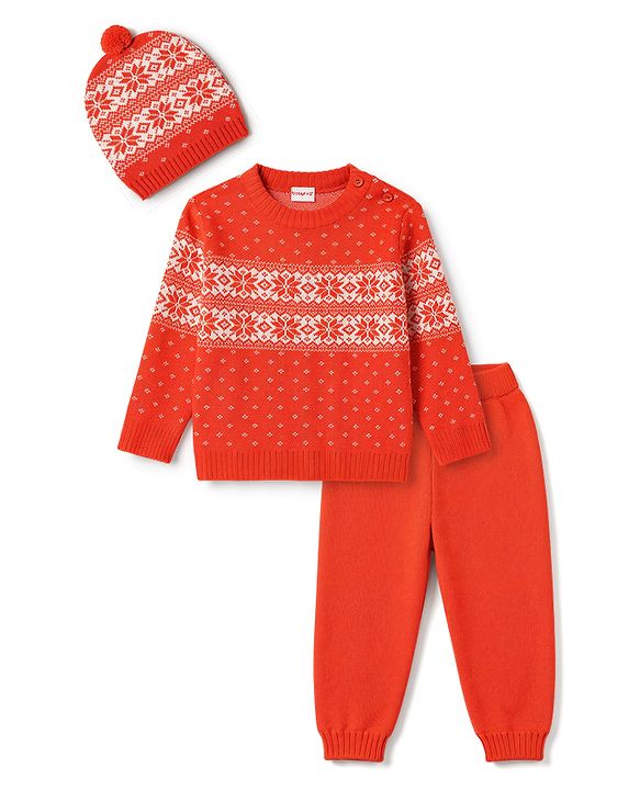Babyhug Knit Full Sleeves Floral Designed Sweater Set with Cap - Red