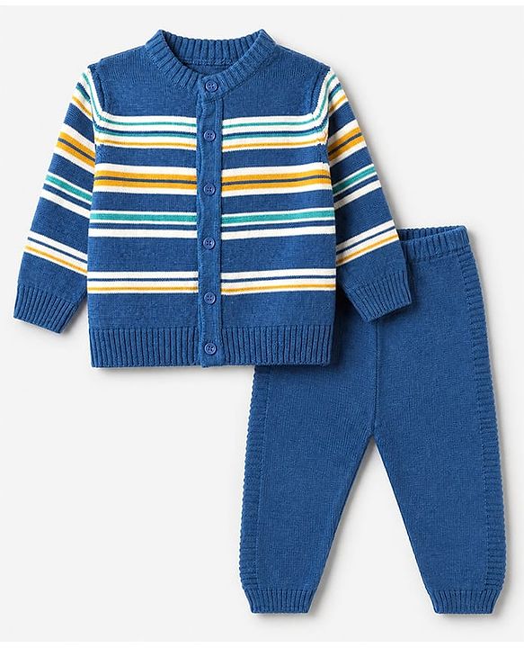 Babyhug Knit Cardigan and Pant with Full Sleeves and Stripes Design in Royal Blue for 3-6 Months