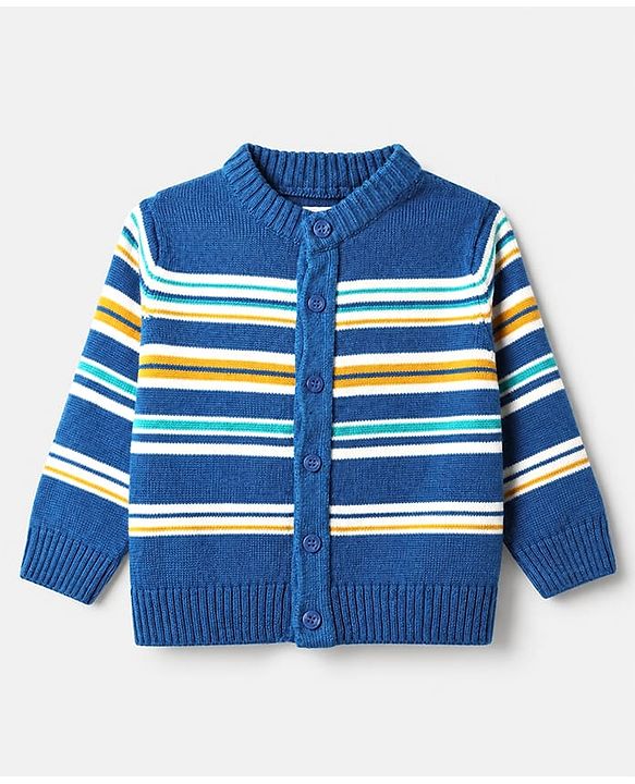 Babyhug Knit Cardigan and Pant with Full Sleeves and Stripes Design in Royal Blue for 3-6 Months