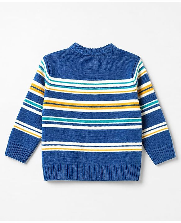 Babyhug Knit Cardigan and Pant with Full Sleeves and Stripes Design in Royal Blue for 3-6 Months