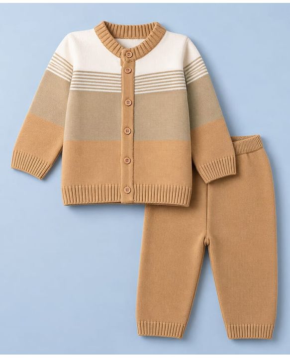 Babyhug Knit Full Sleeves Sweater Set - White & Beige