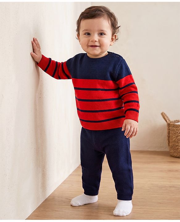 Babyhug Knit Sweater Sets with Full Sleeves and Striped Print in Red for 0-3 Months