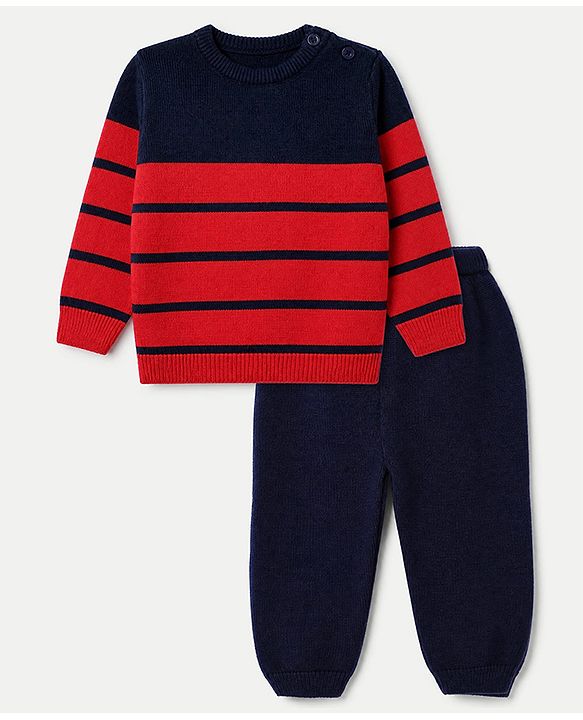 Babyhug Knit Sweater Sets with Full Sleeves and Striped Print in Red for 0-3 Months