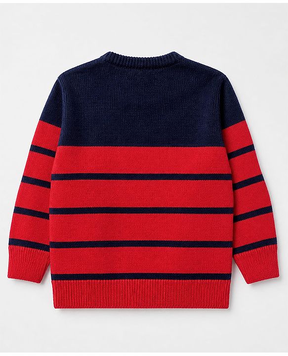 Babyhug Knit Sweater Sets with Full Sleeves and Striped Print in Red for 0-3 Months