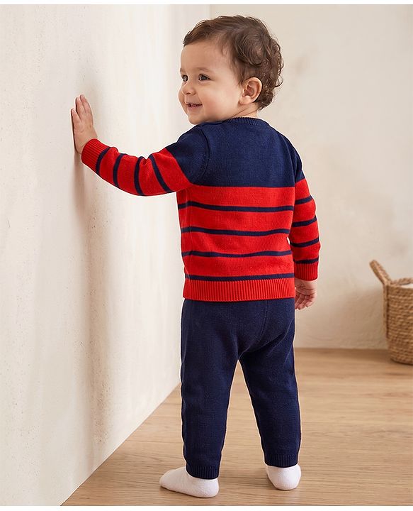 Babyhug Knit Sweater Sets with Full Sleeves and Striped Print in Red for 0-3 Months