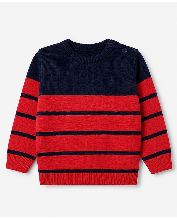 Babyhug Knit Sweater Sets with Full Sleeves and Striped Print in Red for 0-3 Months