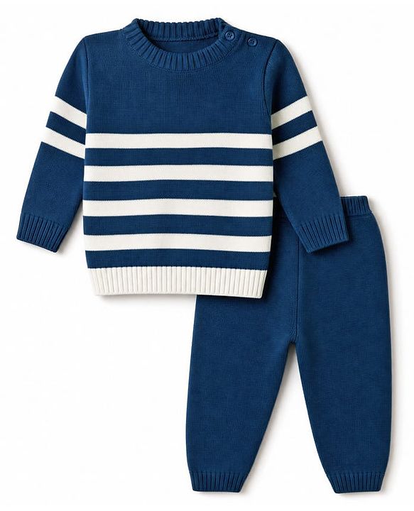 Babyhug Knit Full Sleeves Striped Sweater Set - Navy Blue