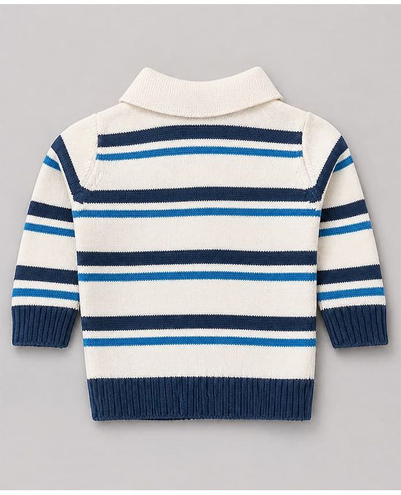 Babyhug Knit Full Sleeves Striped Collar Neck Sweater Set - White & Blue