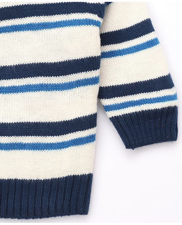 Babyhug Knit Full Sleeves Striped Collar Neck Sweater Set - White & Blue