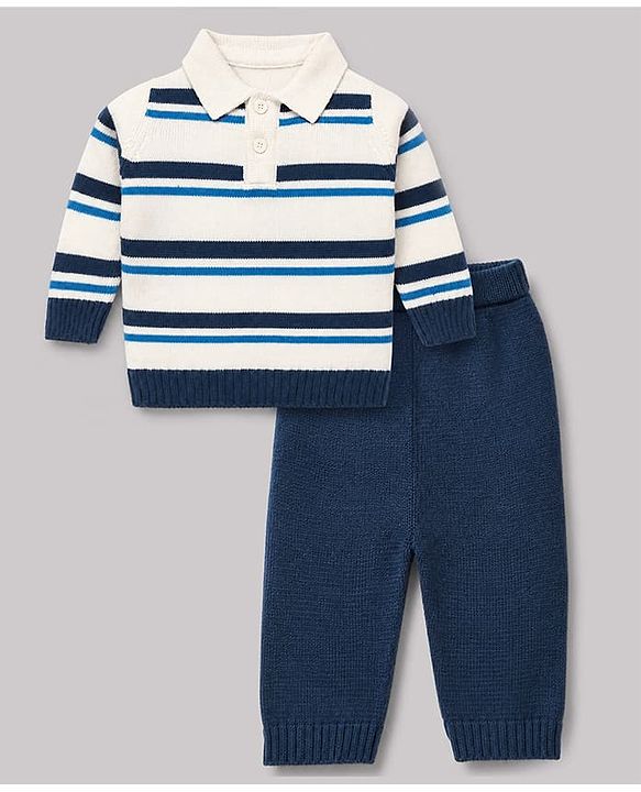Babyhug Knit Full Sleeves Striped Collar Neck Sweater Set - White & Blue