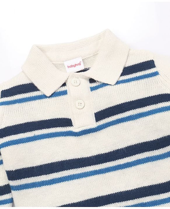 Babyhug Knit Full Sleeves Striped Collar Neck Sweater Set - White & Blue