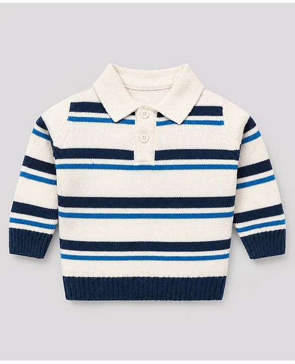 Babyhug Knit Full Sleeves Striped Collar Neck Sweater Set - White & Blue