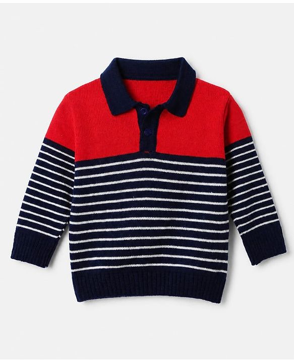 Babyhug Knit Full Sleeves Sweater Set with Stripes Design - Red
