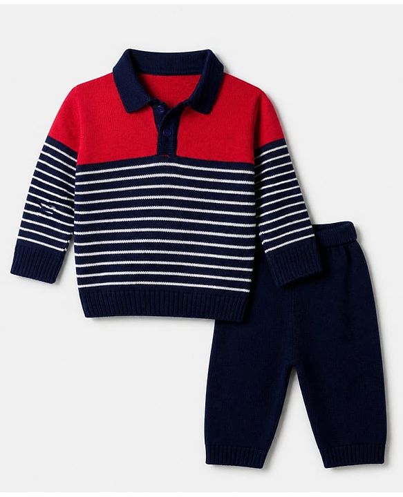 Babyhug Knit Full Sleeves Sweater Set with Stripes Design - Red