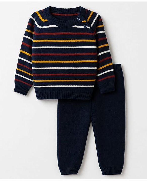 Babyhug Knit Full Sleeves Striped Sweater Set - Navy Blue