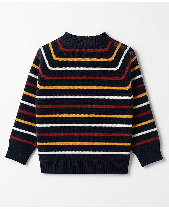 Babyhug Knit Full Sleeves Striped Sweater Set - Navy Blue
