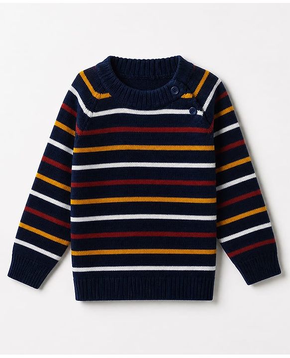 Babyhug Knit Full Sleeves Striped Sweater Set - Navy Blue