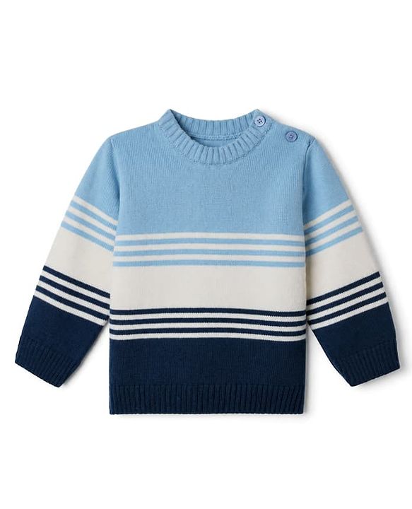 Babyhug Knit Sweater Set with Full Sleeves and Striped Print in Light/Sky Blue