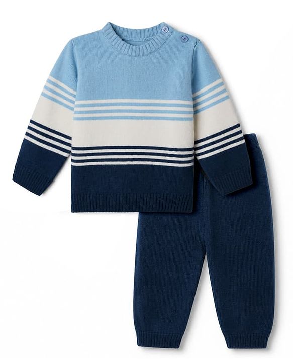 Babyhug Knit Sweater Set with Full Sleeves and Striped Print in Light/Sky Blue