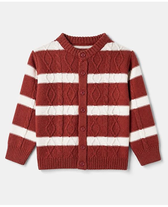 Babyhug Knit Full Sleeves Striped Sweater Set With Cable Knit Design - Brown
