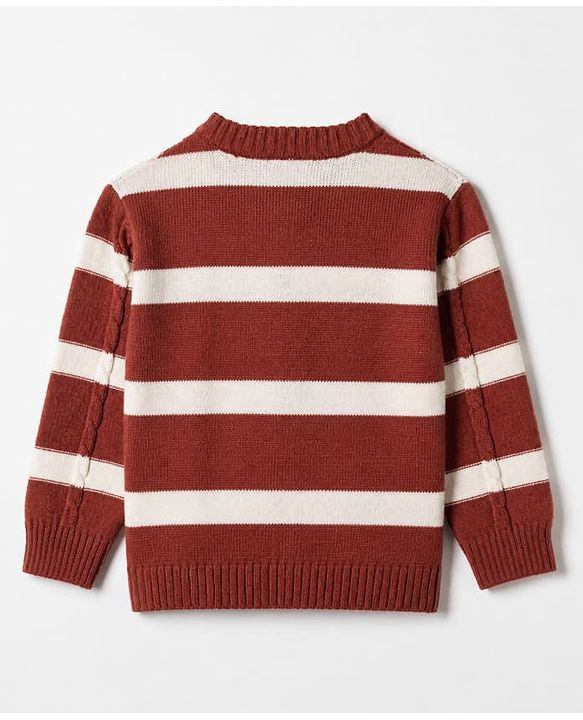 Babyhug Knit Full Sleeves Striped Sweater Set With Cable Knit Design - Brown