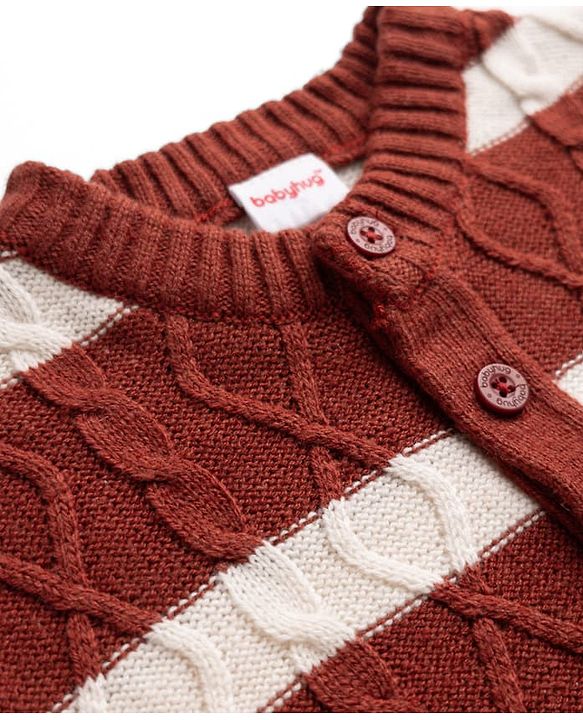 Babyhug Knit Full Sleeves Striped Sweater Set With Cable Knit Design - Brown