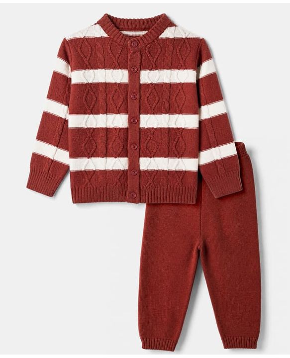 Babyhug Knit Full Sleeves Striped Sweater Set With Cable Knit Design - Brown