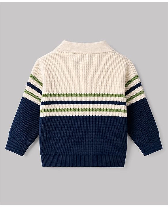 Babyhug Knit Full Sleeves Striped Sweater Set - White
