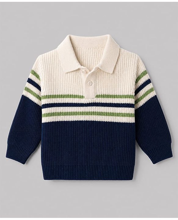 Babyhug Knit Full Sleeves Striped Sweater Set - White