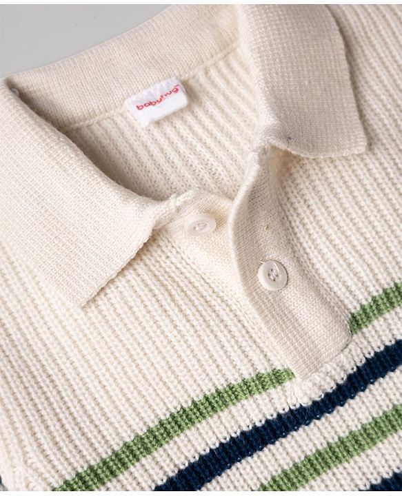 Babyhug Knit Full Sleeves Striped Sweater Set - White