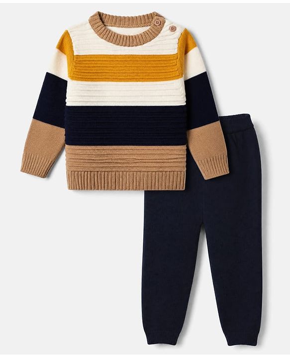 Babyhug Knit Full Sleeves Striped Sweater - Navy Blue White